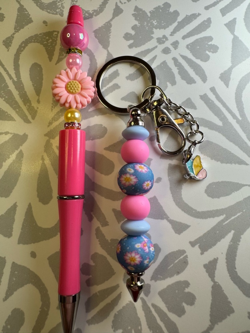 Pink Beaded Keychain and Charm - Floral Accent